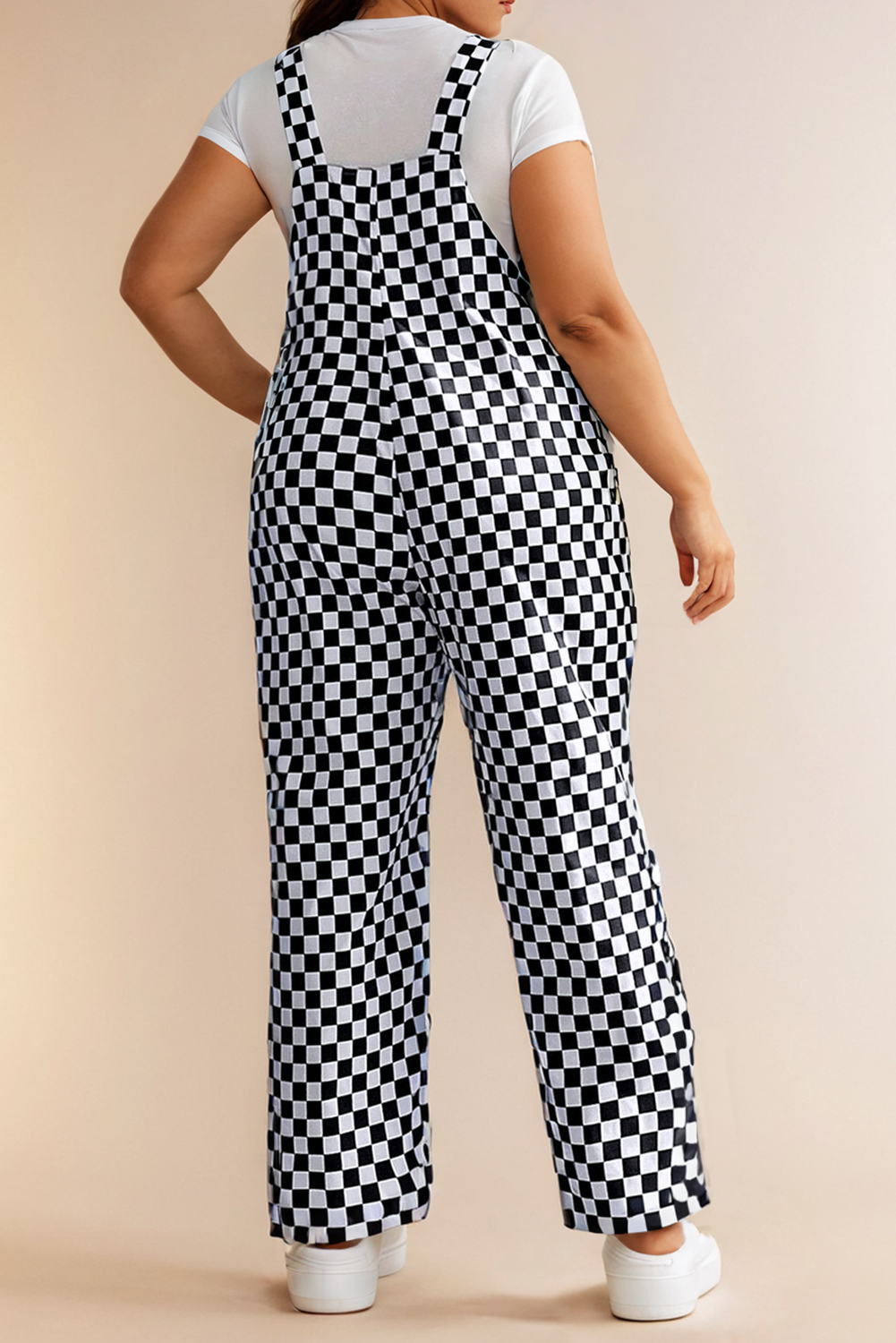 Checkered Print Pocketed Wide Leg Jumpsuit