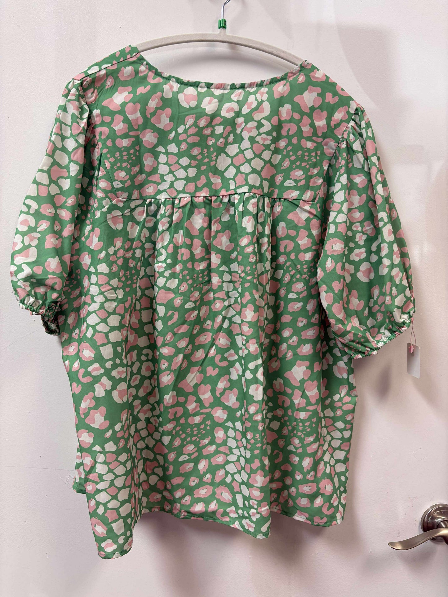 Green Tie Neck Green, Pink, and White Leopard Print Top