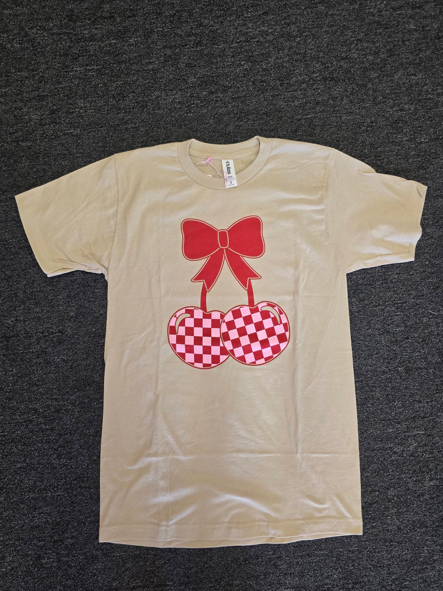 Pink checkered Cherry and bow Tultex Tee