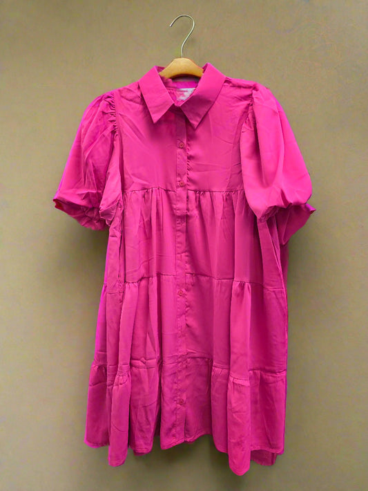 Midi Puffy Sleeve Pink Dress