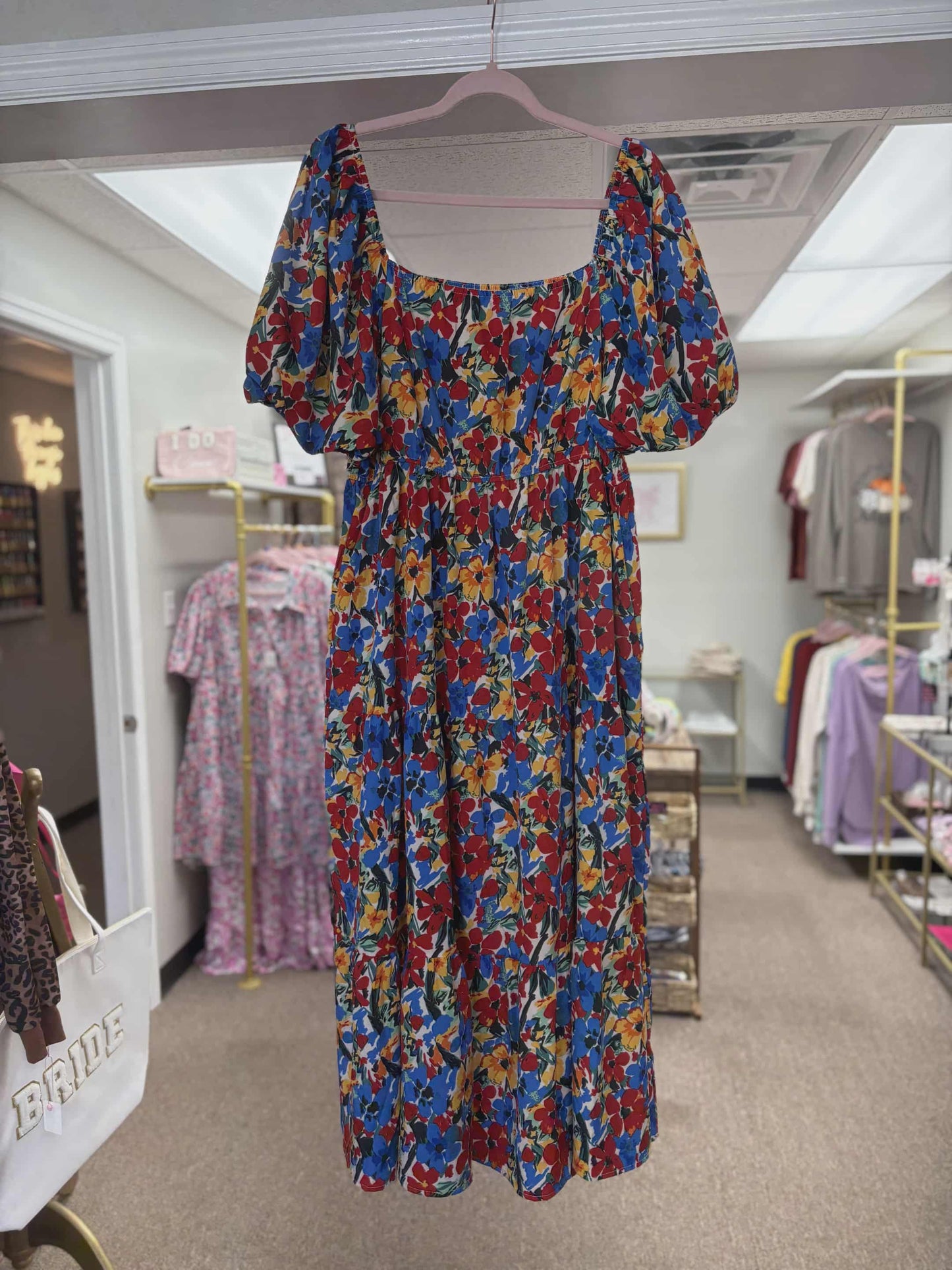 Red, Blue, and Yellow Floral Dress
