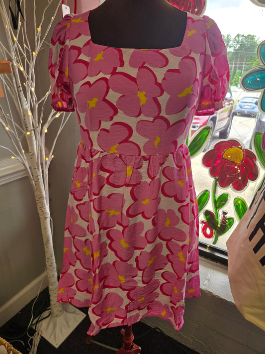 Short Sleeve Pink Flower Dress