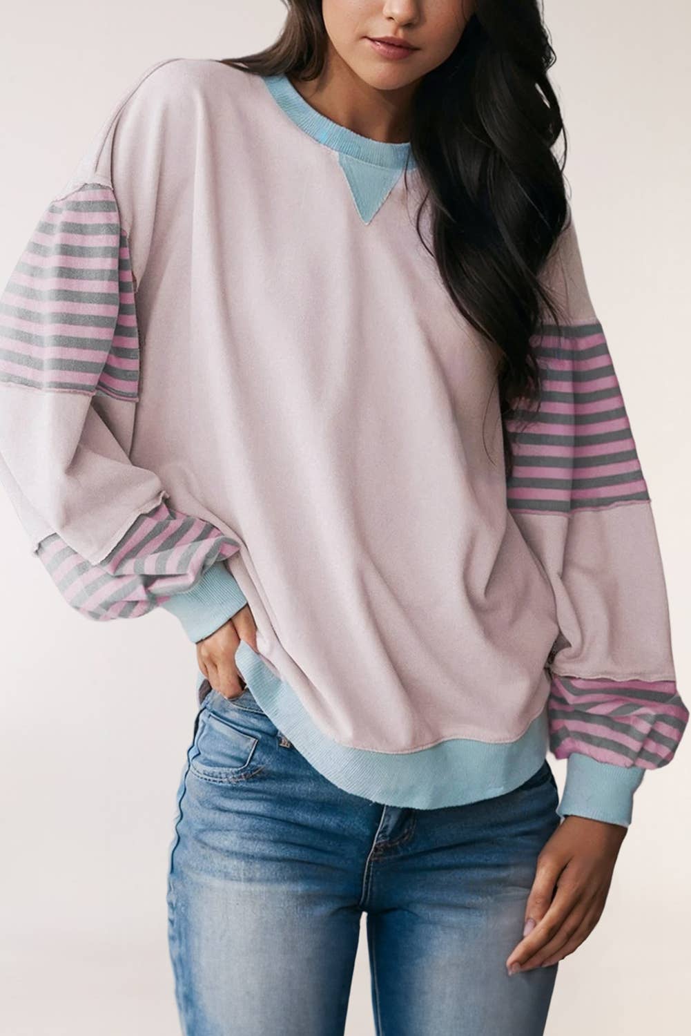 Striped Colorblock Patchwork Drop Shoulder Sweatshirt