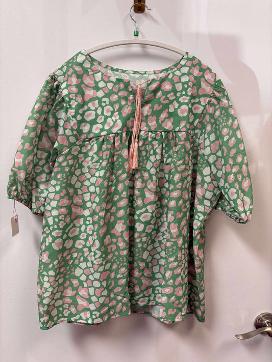 Green Tie Neck Green, Pink, and White Leopard Print Top