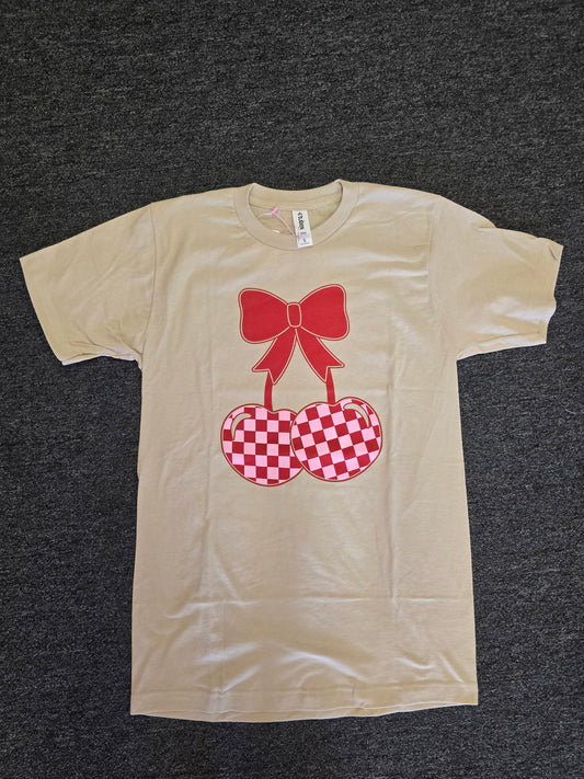 Pink checkered  Cherry and bow Tultex Tee